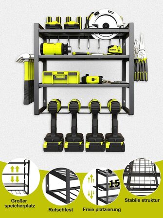Рівнева підставка для інструментів, настінне кріплення для зберігання інструментів, стійка для інструментів з ударним дрилем на 5 електроінструментів для гаража, майстерня 4P Black, 4-