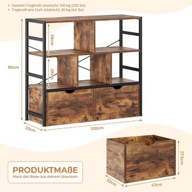 Книжкова полиця Dripex з 2 шухлядами, книжкова шафа з 7 відділеннями з дерева та металевого каркасу, окремостояча кубічна полиця для спальні, вітальні, кабінету, офісу, 33 x 100 x 90 см, промисловий дизайн, ретро