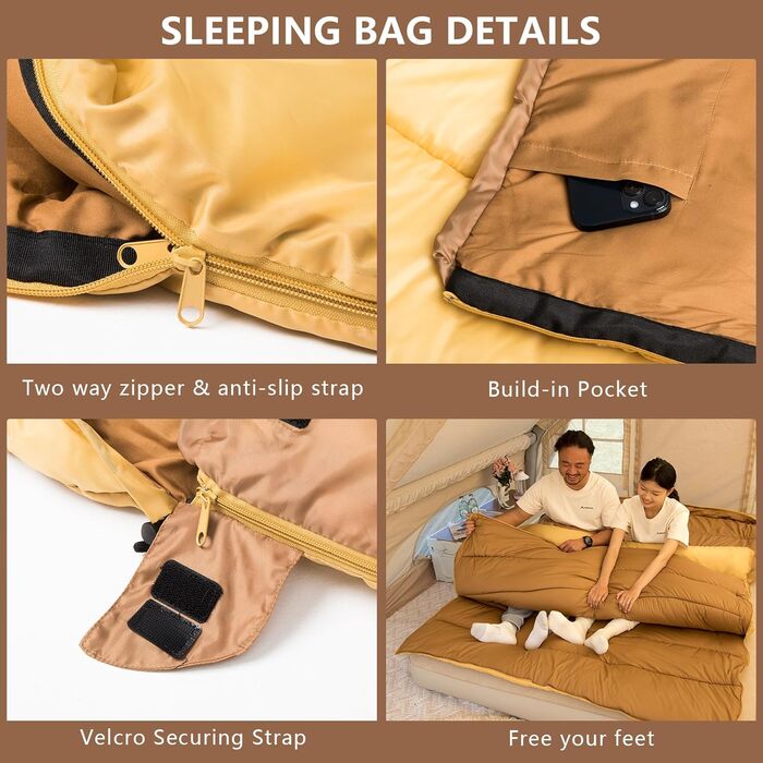 Зимовий подвійний спальний мішок BISINNA для дорослих, 2 особи, теплий спальний мішок для вулиці, 3 сезони ідеально підходить для сімей, кемпінгу та подорожей на автофургоні (4,2 кг) жовтого кольору