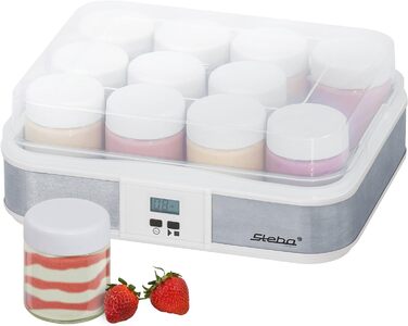 Йогуртниця Steba, функція таймера з кінцевим вимикачем для ідеальної консистенції, світловий індикатор роботи, LCD дисплей, 12 - скляних контейнерів для йогурту з кришкою 0,21 літра, 2,5 літра, JM 2