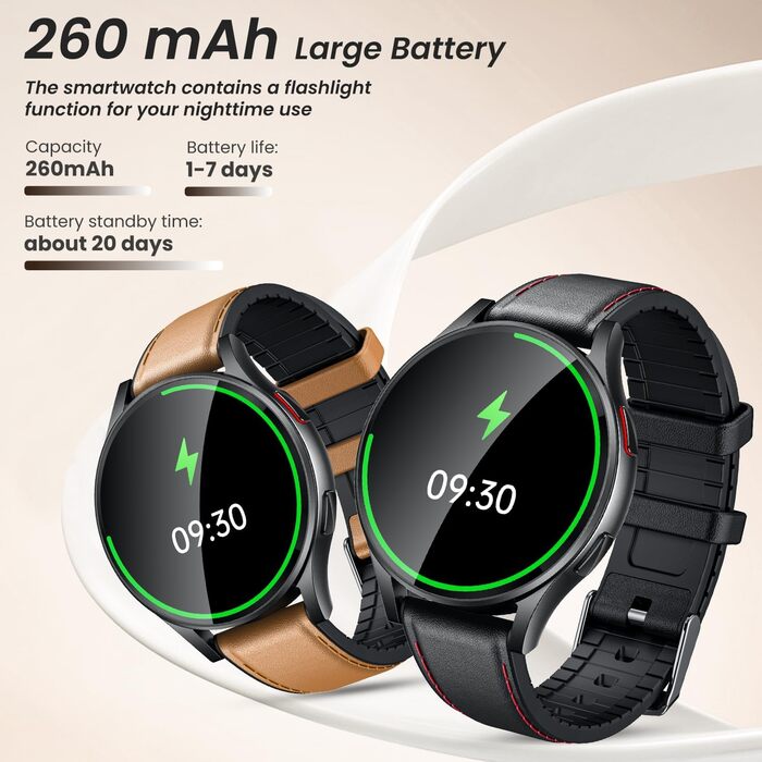 Чоловічий смарт-годинник з ЕКГ HDR-монітором артеріального тиску круглий AMOLED-смарт-годинник 1,43 дюйма зі шкіряним ремінцем, водонепроникний, пульсометр, крокомір, функція телефону, фітнес-годинник, сумісний з Android/iOS, чорний