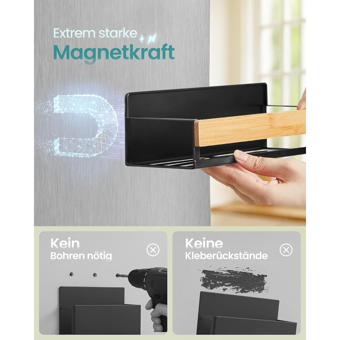 Магнітна полиця для спецій SONGMICS, набір з 4 шт. , 2 великі та 2 малі полиці, органайзер для спецій без свердління, магнітна полиця, для кухні, холодильника, мікрохвильової печі, пральної машини, чорно-натуральний бежевий KCS062BH01 чорно-натуральний бе