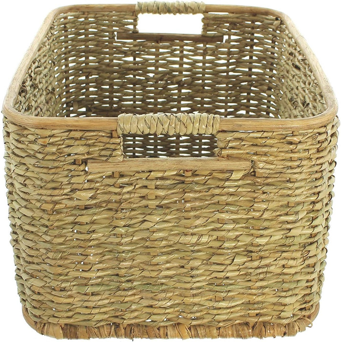 Кошик для зберігання з ротанга та очеретяної соломи, великий, 46x36x28 см, кошик для шафи, кошик для полиці, кошик для білизни