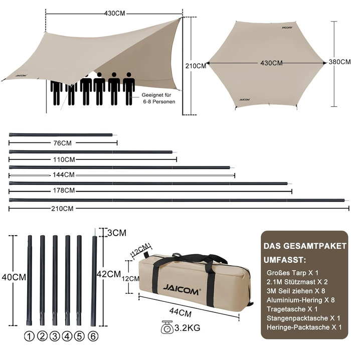 Водонепроникний, надлегкий тент для наметів JAICOM Tarp 3.7 x 4.3 з опорними стовпами, люверсами, алюмінієвими штифтами, нейлоновою мотузкою, стійкий до ультрафіолету та дощу, підходить для наметів, гамаків, подвір'я, пляжного сонцезахисту, хакі