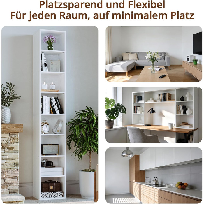 Біла книжкова полиця IRONCK, кубічна полиця з 8 полицями, вузька полиця для вітальні, офісу, спальні, кабінету, 23,6 x 30 x 180 см