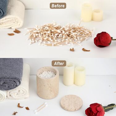 Травертиновий круглий сучасний ватний диск-диспенсер для ватних дисків з кришкою, тримач для макіяжу, для ванної кімнати, спальні, туалетного столика, раковини, готелю, офісу, жіночі подарунки (9,3x11,5 см)