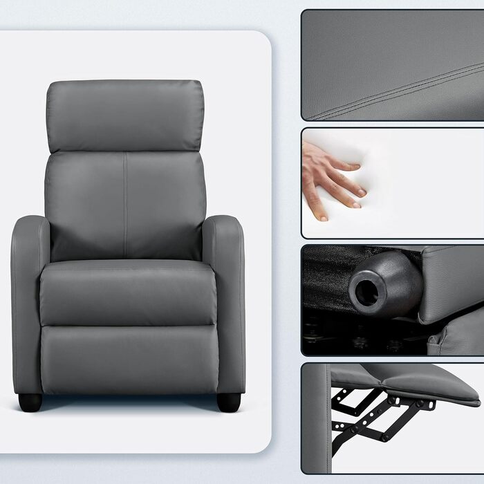 Крісло для телевізора Yaheetech з розкладним кріслом, функцією відкидання та регульованою підставкою для ніг, одномісний диван, штучна шкіра сірого кольору