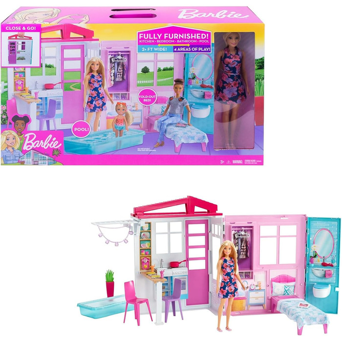 Будинок Барбі з кухнею, спальнею, ванною кімнатою, басейном, повністю мебльований, замикається на ключ з ручкою для зберігання, ляльки, подарунки для дітей віком від 3 років, GWY84 Знижена упаковка