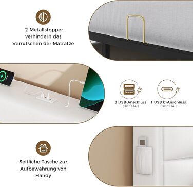 Ліжко 160x200 зі світлодіодним освітленням, Гідравлічне ліжко 160x200 см, М&39яке двоспальне ліжко, Каркас ліжка з місцем для зберігання та рейковою основою, Спальня, ПУ білий 160 x 200 Білий