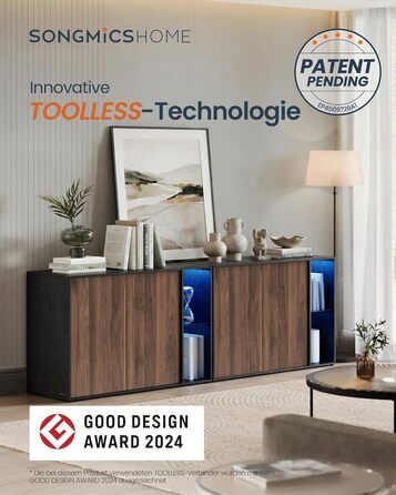 Сервант, надшвидке складання без інструментів, технологія без інструментів, шафа для зберігання у вітальні, тумба під телевізор зі світлодіодним підсвічуванням, регульовані полиці, сучасний, чорний BBK372B01 Натуральний горіх Чорне ебенове дерево