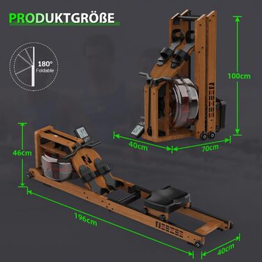 Водний гребний тренажер Neezee для домашнього використання, складний гребний тренажер з масиву дерева з Bluetooth-дисплеєм та тримачем для планшета, максимальна вантажопідйомність 200 кг, сумісний із застосунком Kinomap Braun (з Bluetooth)