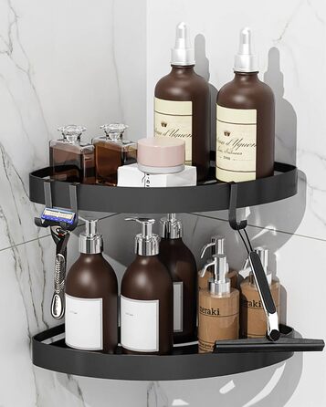 Кутова полиця для душу без свердління, чорна, з тримачем для шампуню та захистом від іржі. Набір з 2 полиць з 4 гачками, проста установка, чорний колір.