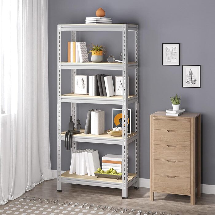 Кутовий стелаж Yaheetech з 5 полицями, металеві стелажі для зберігання, надміцний стелаж, вантажопідйомність 750 кг, підвальний стелаж, безболтовий стелаж, система стелажів, 70 x 30 x 150 см/світло-сірий