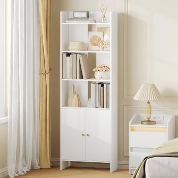 Книжкова шафа Hzuaneri з 2 дверима, 6-ярусна книжкова полиця, полиця, вітрина, полиця для зберігання для вітальні, домашнього офісу, кухні, 24 x 48 x 169 см, білий, BC62003X