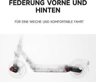 Електросамокат з допуском до експлуатації в Німеччині, запас ходу 55 км в еко-режимі, запас ходу 47 км в спортивному режимі, передня та задня підвіски, двигун потужністю 800 Вт, складається, 17,9 кг, 10-дюймові шини, IPX5, 3 Pro D