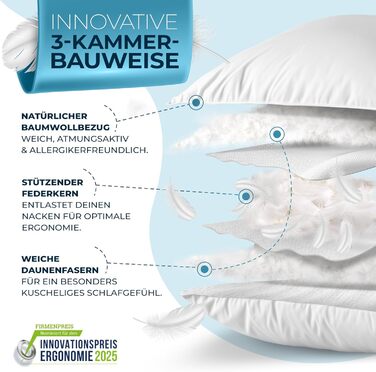 Пухова подушка Glckstoff 80x80 Зроблено в Німеччині - Високоякісна подушка зі 100 пуху та пера - Ергономічна 3-камерна пухова подушка - Подушка для ліжка - Пухова подушка - Подушка з пір&39яним наповнювачем 80x80 см, комплект з 1 предмета