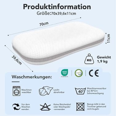 Подушка для шиї - Регульована по висоті подушка для підтримки шиї для полегшення болю в шиї - Ергономічна подушка з піни з ефектом пам&39яті - Чохол, який можна прати, 70x39,6 см, білий