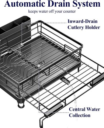 Висувна сушарка для посуду Kitsure сушарка для посуду з нержавіючої сталі з регульованими ніжками, тримачем для столових приборів та знімним підносом, 39,5-64,0 см x 43,0 см x 20,5 см, чорна