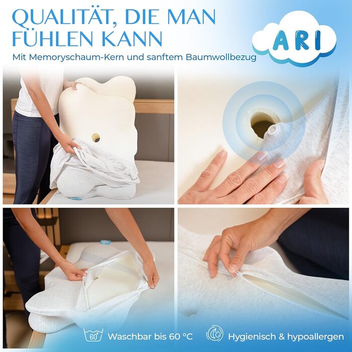 Ортопедична подушка для шиї ARI - Ергономічна подушка з чохлом з піни з ефектом пам&39яті та бавовни Для сну на животі, спині та на боці Подушка з піни з ефектом пам&39яті, включаючи сумку для перенесення та чохол