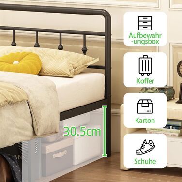 Каркас ліжка EMODA 180 x 200 см, металеве двоспальне ліжко з узголів&39ям та ізножиям у вікторіанському стилі, висотою 36 см зі сталевою рейковою основою, безшумне, легке складання, чорний колір 180 x 200 см Чорний