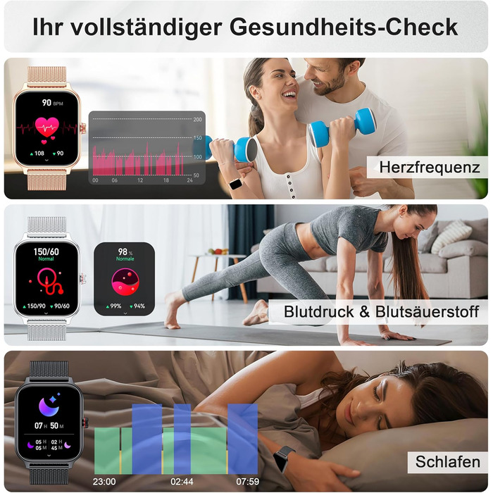 Розумний годинник для чоловіків та жінок, функція телефону, артеріальний тиск, пульс, відстеження сну, 1.96-дюймовий фітнес-годинник зі штучним інтелектом, понад 100 спортивних режимів, водонепроникність IP67, крокомір, будильник, калькулятор, візитна кар