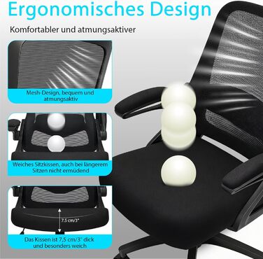 Ергономічне офісне крісло, робоче крісло з регульованою 4D поперековою опорою, обертове крісло зі складними підлокітниками, комп&39ютерне крісло з функцією нахилу 90-125, сітчасте крісло до 130 кг, чорне