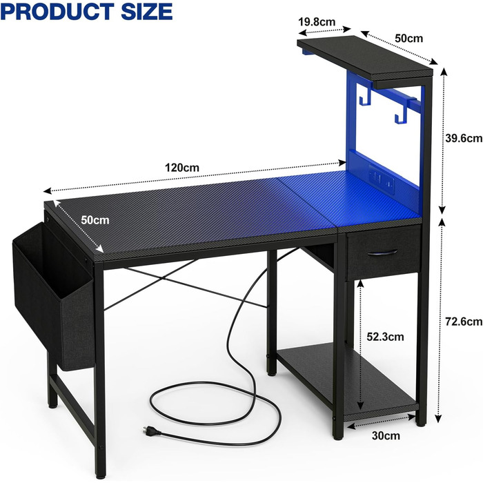 Ігровий стіл Grandder, 120x50 см, ігровий стіл з розеткою та світлодіодним освітленням, комп&39ютерний стіл з двосторонніми полицями та шухлядою, ПК-стіл для домашнього офісу з відділенням для зберігання, чорний колір під карбон 120 x 50 см, чорний