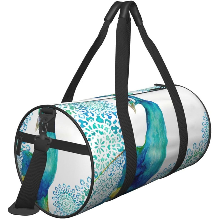 Спортивна сумка для подорожей, стильний принт з павичами та квітами, сумка на нічліг, чорний колір, універсальний розмір