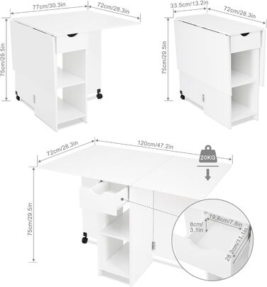 Розкладний обідній стіл Mondeer, кухонний стіл з шухлядою та полицями для 2-4 осіб, розкладний обідній стіл на колесах для невеликих приміщень, їдальня, кухня, 72 x 120 x 75 см, білий