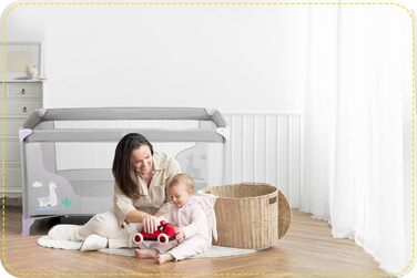 Дитяче ліжечко Ricokids з матрацом 125 x 65 x 78 см, дорожнє ліжечко, вагою до 15 кг, 2 колеса з гальмами, знімний бічний вхід, сумка для перенесення, складна, компактна, світло-сіра, лавандова