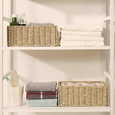 Кошик для зберігання, складний кошик, плетений з паперу водяного гіацинта, поличний кошик Kallax 30x15x12 см, декоративний плетений кошик ручної роботи для туалетного паперу, ванна кімната, вітальня, спальня, папір водяного гіацинта, колір дерева, S