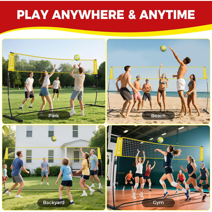 Волейбольна сітка BAGAIL 3,6 м / 6,1 м – портативна для заднього двору, регульована висота, міцна рама, окремостояча конструкція, набір для приміщень та вулиці, 12 футів