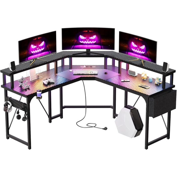 Ігровий стіл Devoko LED 153x153 см, ігровий стіл з підставкою для монітора, ігровий стіл для ПК з 2 розетками та 2 портами для зар