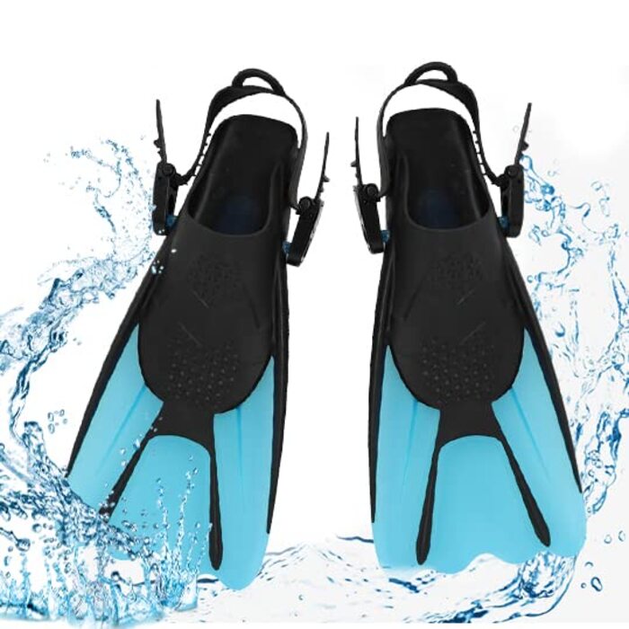 Ласти для снорклінгу, регульовані ласти для дайвінгу, короткі з сумкою для перенесення, ласти для плавання для дітей та дорослих, розмір 34-38, легкі дорожні ласти для плавання та снорклінгу, сині, S