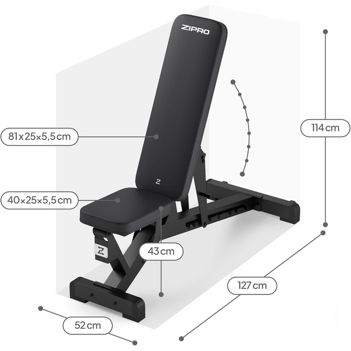 Регульована лава ZIPRO Pumpiron, лава для штанги з вантажопідйомністю 350 кг, фітнес-лава з 8-позиційною регульованою спинкою, 3-позиційне регульоване сидіння, тренувальна лава для дому або спортзалу, лава для сидячих пресів