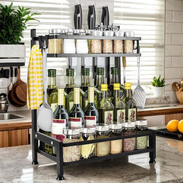 Рівнева стійка для спецій, підставка для спецій на кухонну стільницю, органайзер для стійок для спецій з вуглецевої сталі, чорні стійки для спецій з гачками, органайзер для спецій для кухні, шафи, ванної кімнати, 2-