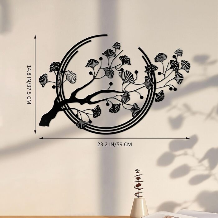 Великі металеві настінні картини з листя гінкго, чорне оздоблення стін підходить для вітальні, спальні, кабінету, офісу (чорний)