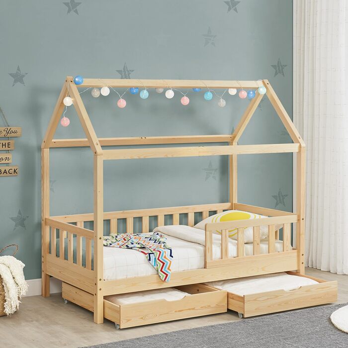 Дитяче ліжко Juskys Marli 90 x 200 см з 2-секційним ящиком для зберігання, захисними поручнями, рейковою основою та дахом - Ліжко-будиночок з масиву дерева для дітей - Ліжко з натурального дерева 90 x 200 см