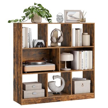 Книжкова полиця VASAGLE, полиця, кубічна полиця, окремостояча полиця, 8 відкритих відділень, можна використовувати горизонтально, вертикально або догори дном, 30 x 97,5 x 100 см, для вітальні, кабінету, офісу, вінтажний коричневий LBC52BX 8 кубічних вінта