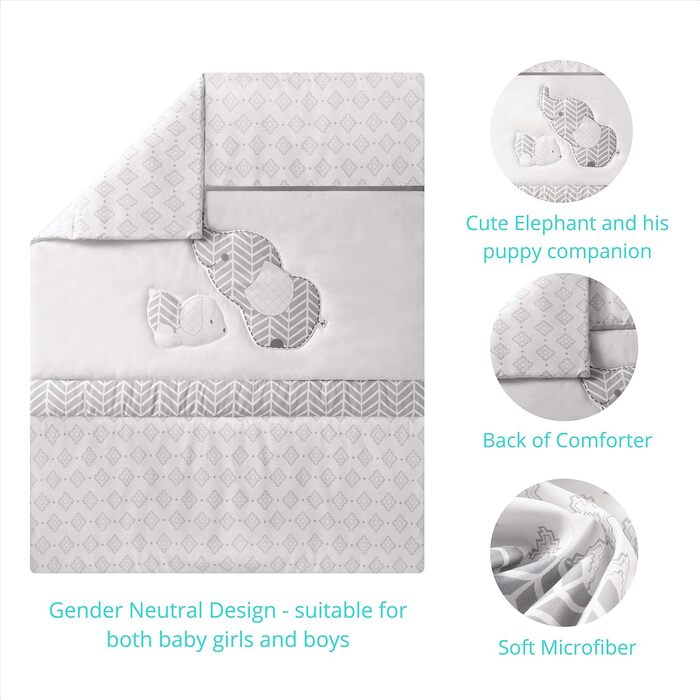 Комплект дитячої постільної білизни La Premura для хлопчиків, сірі слоники та цуценята, стандартний розмір, 3 предмети, сіра пості