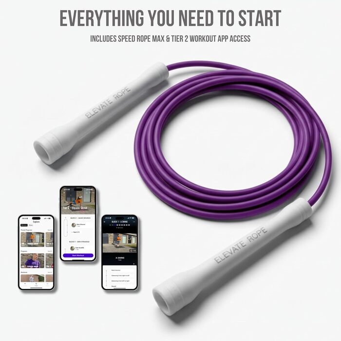 Професійна швидкісна скакалка Elevate Rope, регульована, 3 м, ПВХ 5 мм з нейлоновим сердечником для кардіо, подвійних стрибків та кросфіту, міцна скакалка для тренувань у приміщенні/на вулиці (фіолетова)