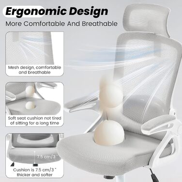 Ергономічне офісне крісло Fizzin, комп&39ютерне крісло з регульованою поперековою опорою, дихаюче сітчасте робоче крісло з потовщеною подушкою, зручне робоче крісло для домашнього офісу (сіре)
