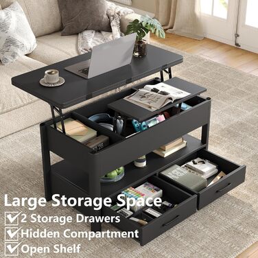 Регульований по висоті журнальний столик з шухлядами та потайним відділенням, стіл для вітальні, що трансформується в обідній стіл, чорний