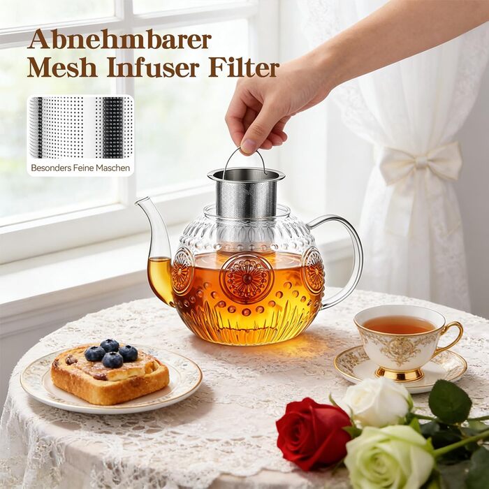 Чайник скляний з ситечком STNTUS, 1.2 л чайник для розсипного чаю та квіткового чаю, жаростійке боросилікатне скло, зручний вилив HX-1200 мл