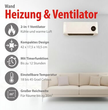 Настінний вентилятор-обігрівач Alpina 2000 Вт керамічний променевий обігрівач з 2 рівнями потужності та таймером цифровий термостат компактний настінний обігрівач настінний монтаж