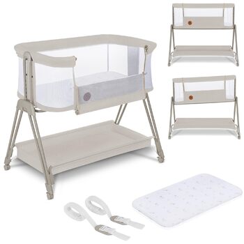 Дитяча тумбочка Lionelo Aurora 3-в-1 для сну від народження до 9 кг, регульована висота та нахил, матрац, 4 колеса, що блокуються, дихаюча, портативна, можна прати, сумка, ремені (світло-бежевий LUNA)