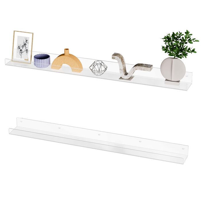 Настінна довга полиця з прозорого акрилу 91,4 см, 2 шт., пересувні акрилові книжкові полиці, настінне кріплення з невидимим карнизом