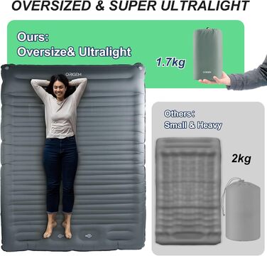Самонадувальний килимок для сну Origem для 2 осіб, надлегкий надувний матрац 14 см для кемпінгу, надувний, невеликий розмір упаковки з ножним насосом, великий матрац для намету, рюкзака, походів та кемпінгу, сірий