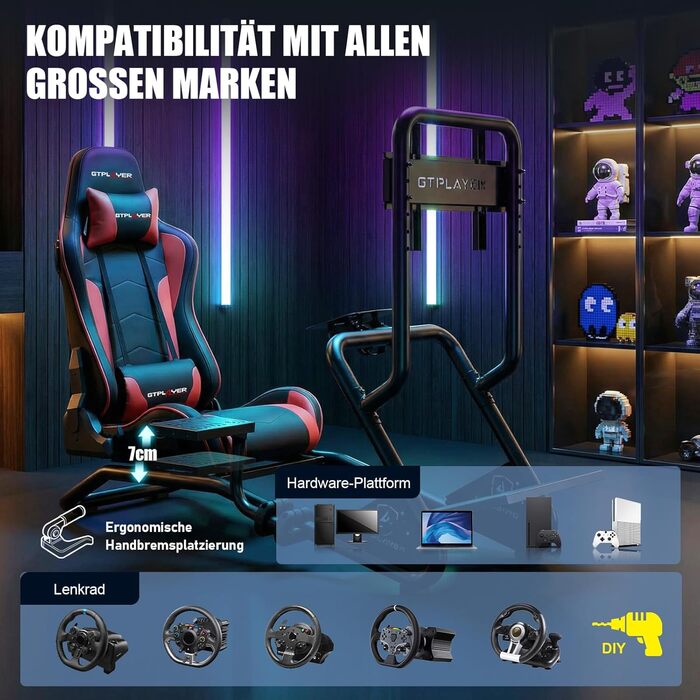 Підставка для керма гоночного симулятора з 3D стереодинаміками, кріпленням для монітора, регульованим кріпленням керма, кріпленням для важеля перемикання передач та педалями (червона)