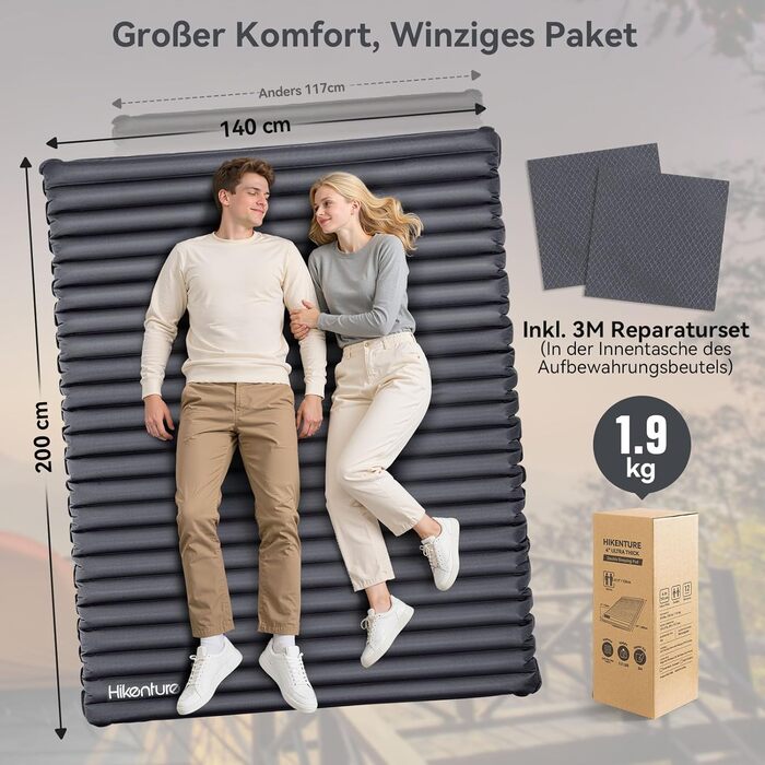 Подвійний килимок для сну HIKENTURE, надлегкий кемпінговий килимок для 2 осіб, надувний матрац, невеликий розмір упаковки з ножним насосом/мішком для насоса, для подорожей, активного відпочинку, походів, пляжу, темно-синій/сірий, 140x200 см, з мішком для 